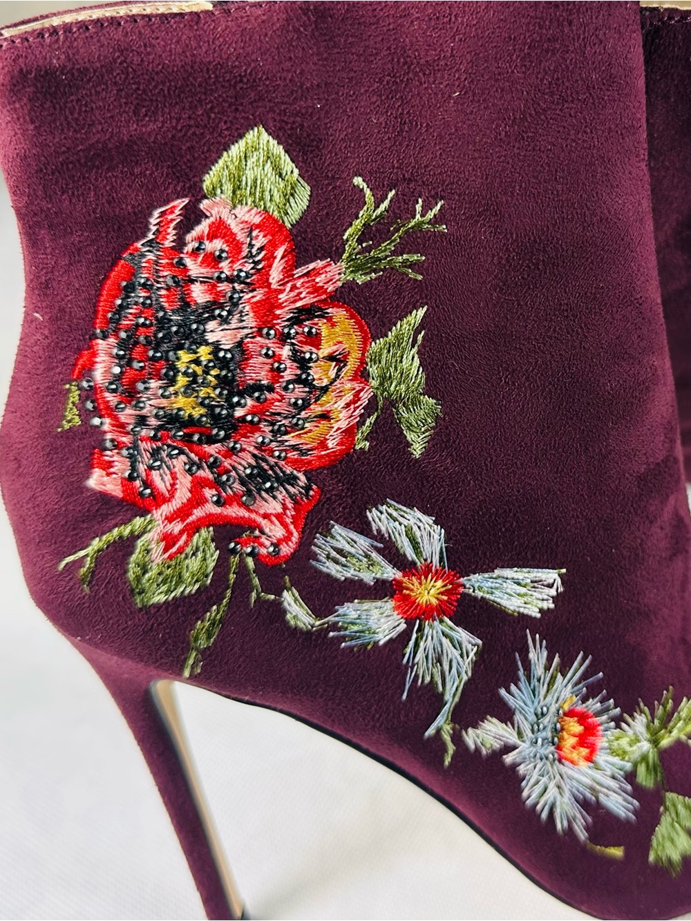 bebe Burgundy Floral Embroidered Pointed-Toe Ankle Booties - Picture 8 of 15